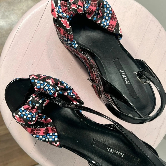 Forever 21,  6” wedge multi color block print  shoes 7 w/ankle strap tie - Picture 2 of 11
